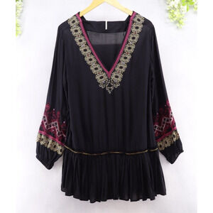 Free People Women's Black Drop Waist Embroidered Mini Dress Bohemian Sz S